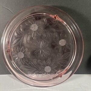 Vintage Jeanette Pink Depression Glass 10"‎ Footed Cake Plate Sunflower Daisy